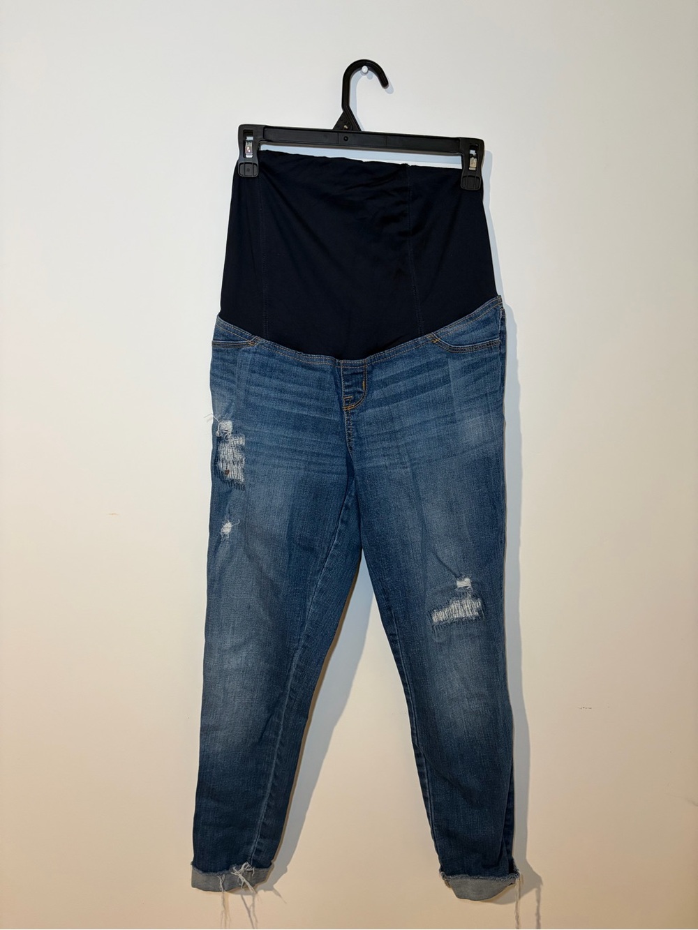 Maternity Distressed Blue Denim Jeans with Black Maternity Panel